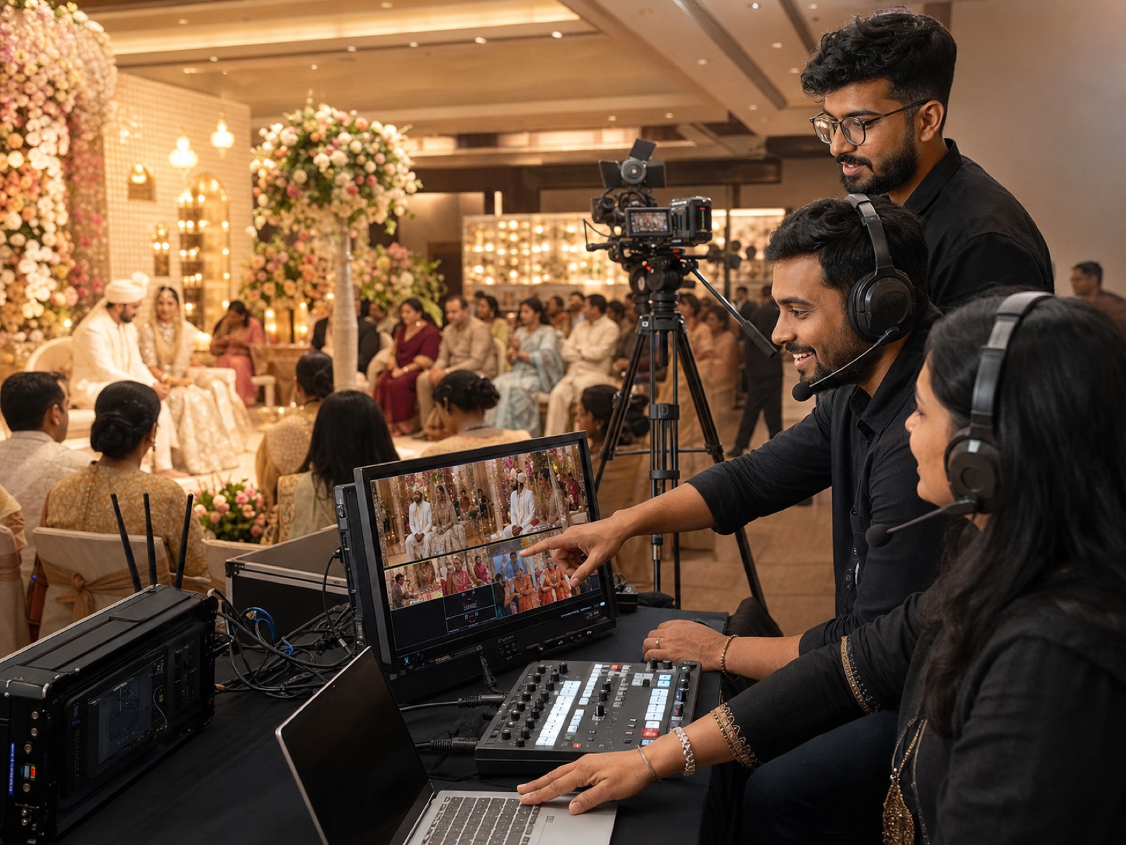 LiveWedding production team managing a professional Indian wedding broadcast