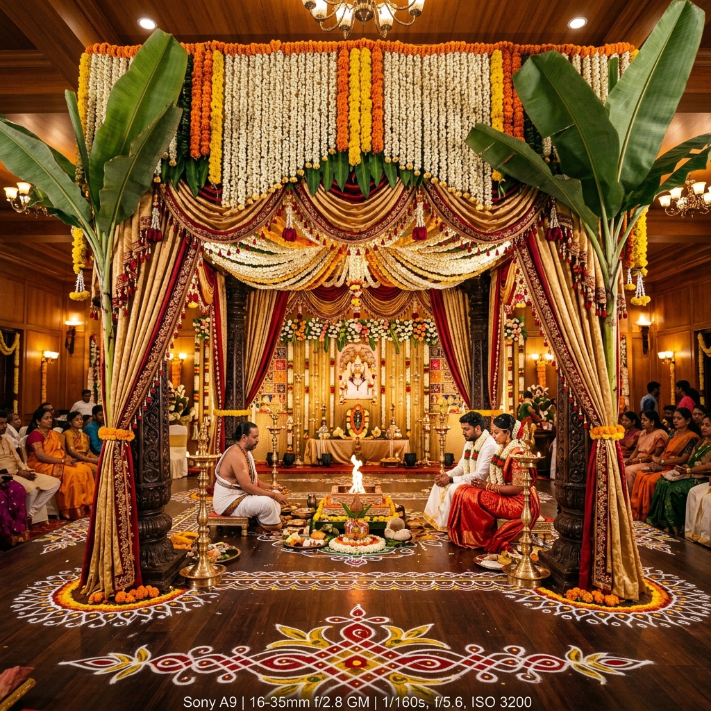 South Indian wedding mandapam decoration with jasmine and marigold flowers