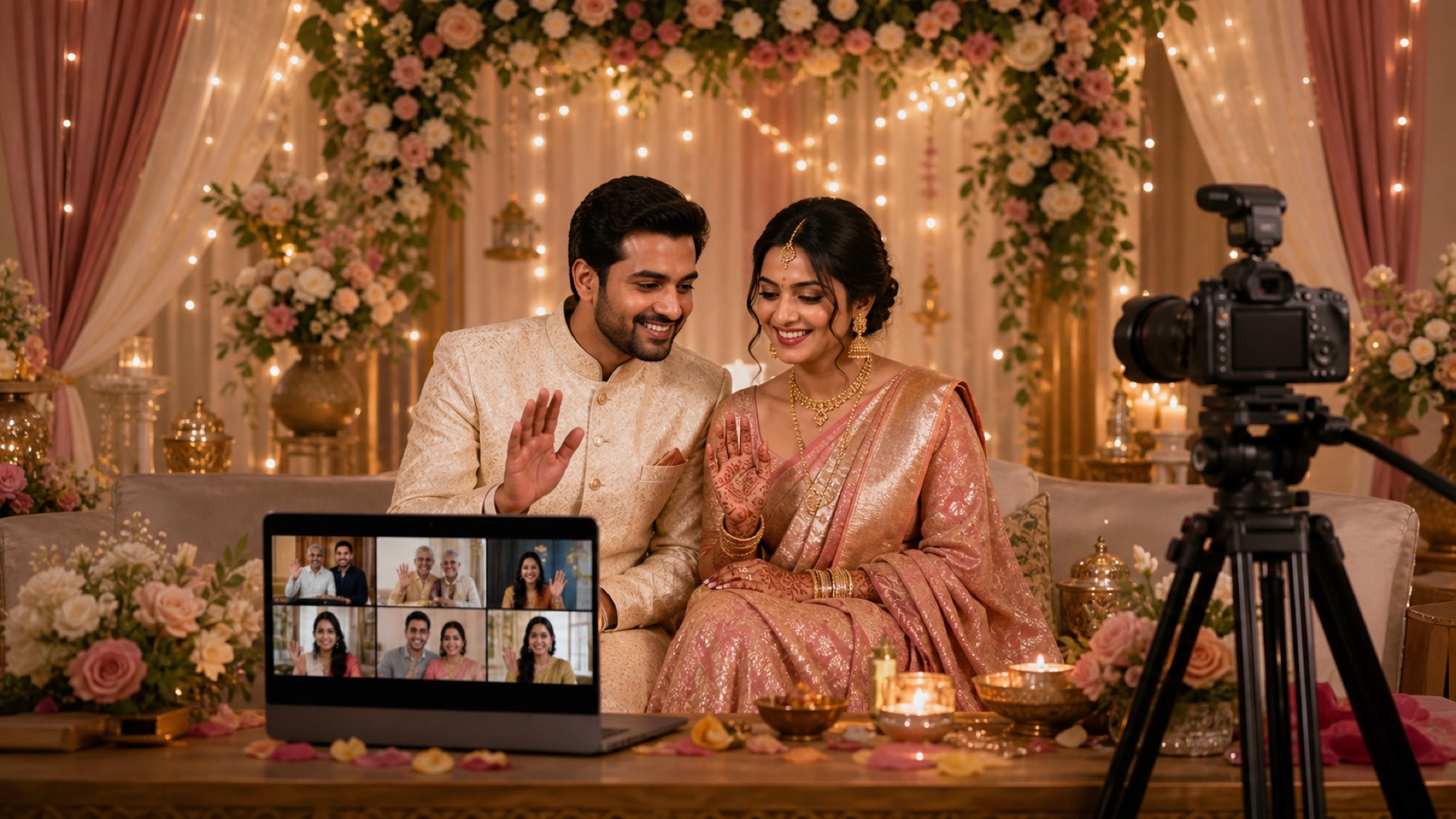 Indian couple greeting remote family during a virtual wedding